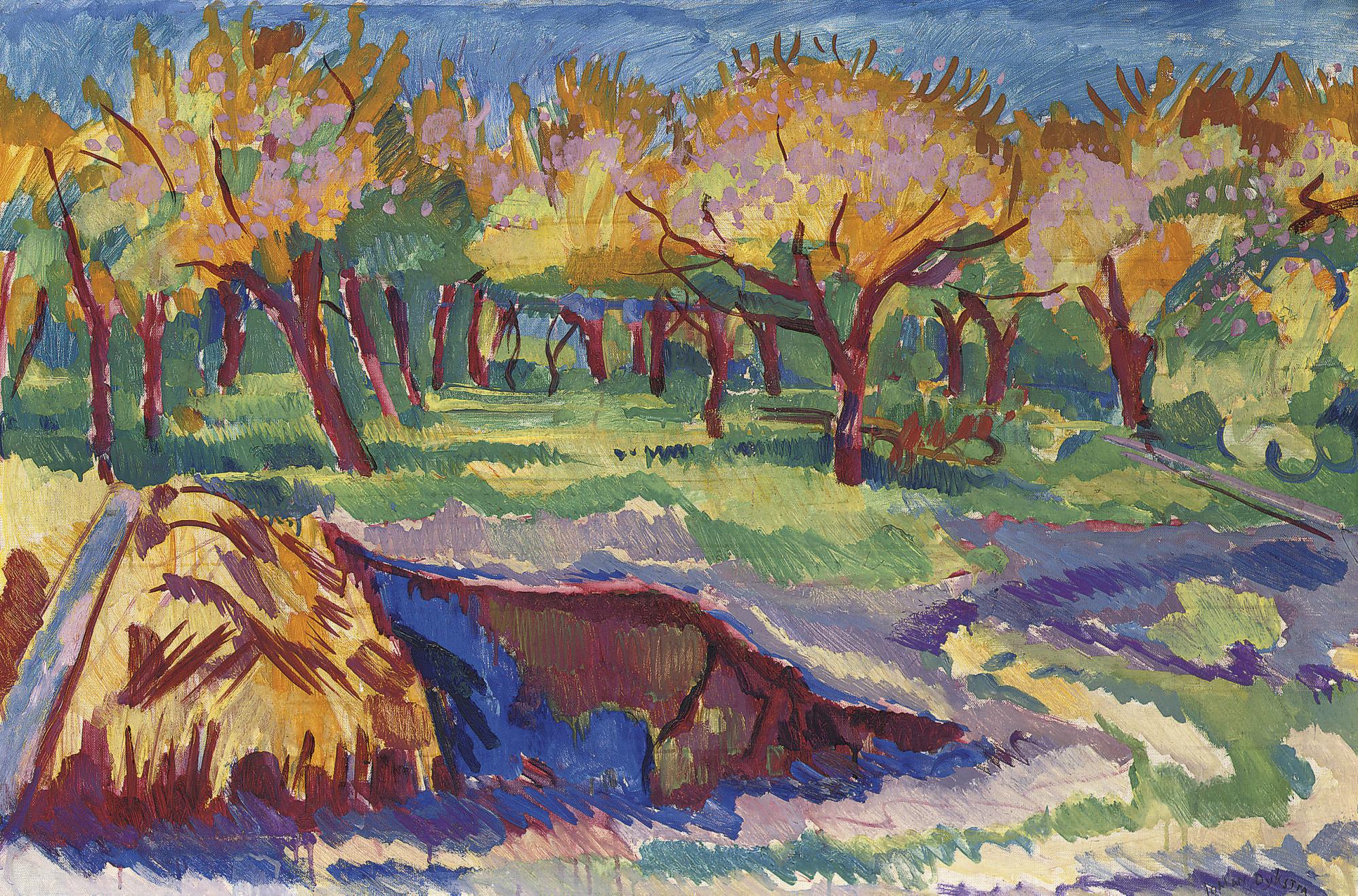 Johan Dijkstra - A sunlit orchard (recto); Trees along the meadows (verso)