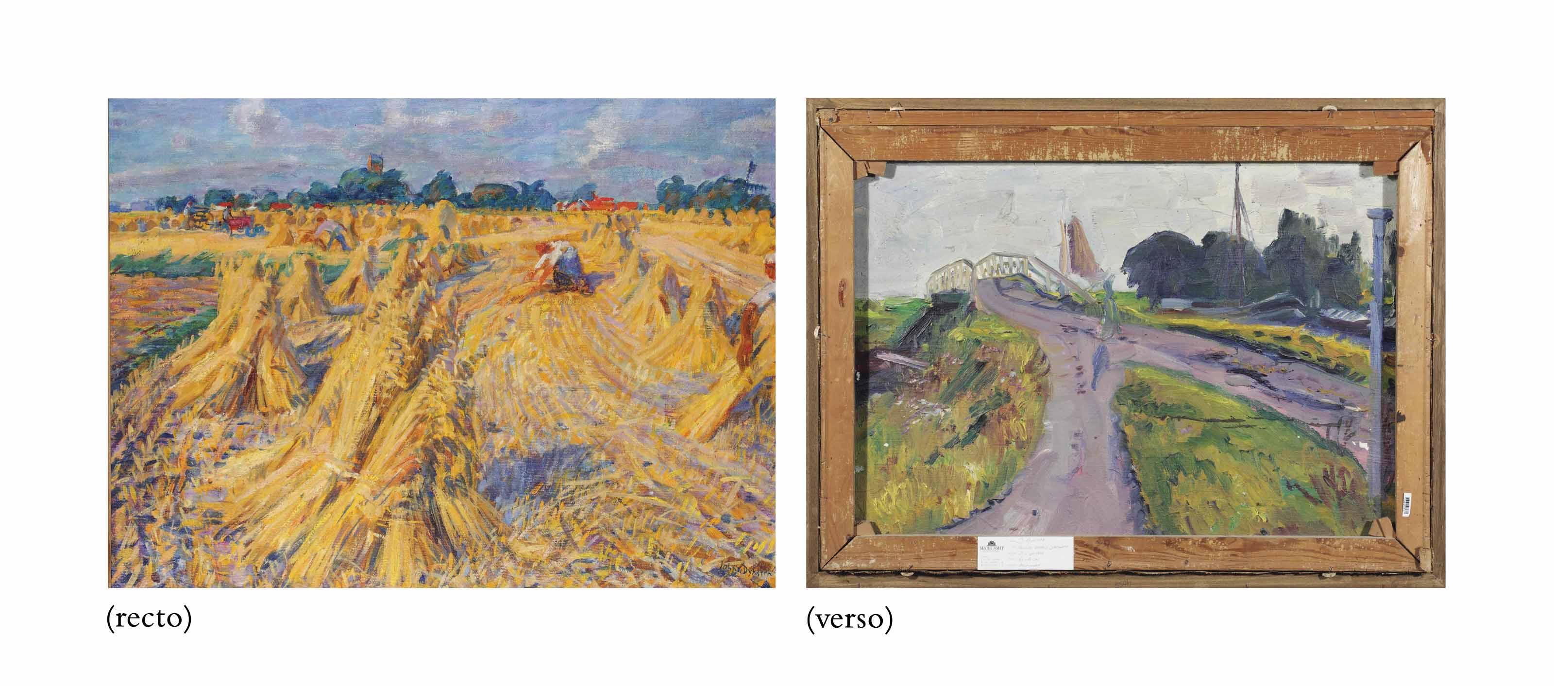 Johan Dijkstra - Hooiende Boeren, Garnwerd (Recto); A Bridge Over A Canal (Verso)