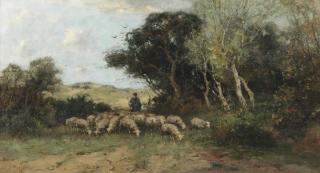 Johan Frederik Cornelis Scherrewitz - A shepherd and his flock in a wooded landscape