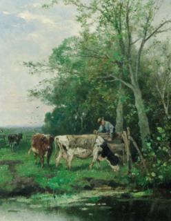 Johan Frederik Cornelis Scherrewitz - Cows in a meadow, a farmer closing the gate