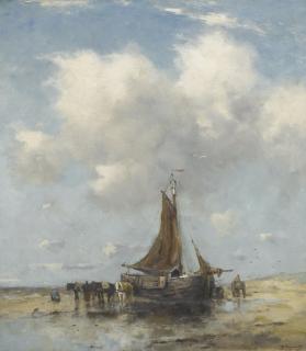 Johan Frederik Cornelis Scherrewitz - Dutch A Fishing Boat At Low Tide
