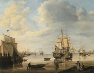 Johan Hendrik Boshamer - Moored vessels, Dutch three-masters and a rowing boat in a calm, a city beyond