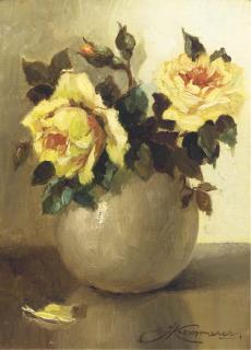 Johan Hendrik Kaemmerer - Yellow roses in an earthenware vase