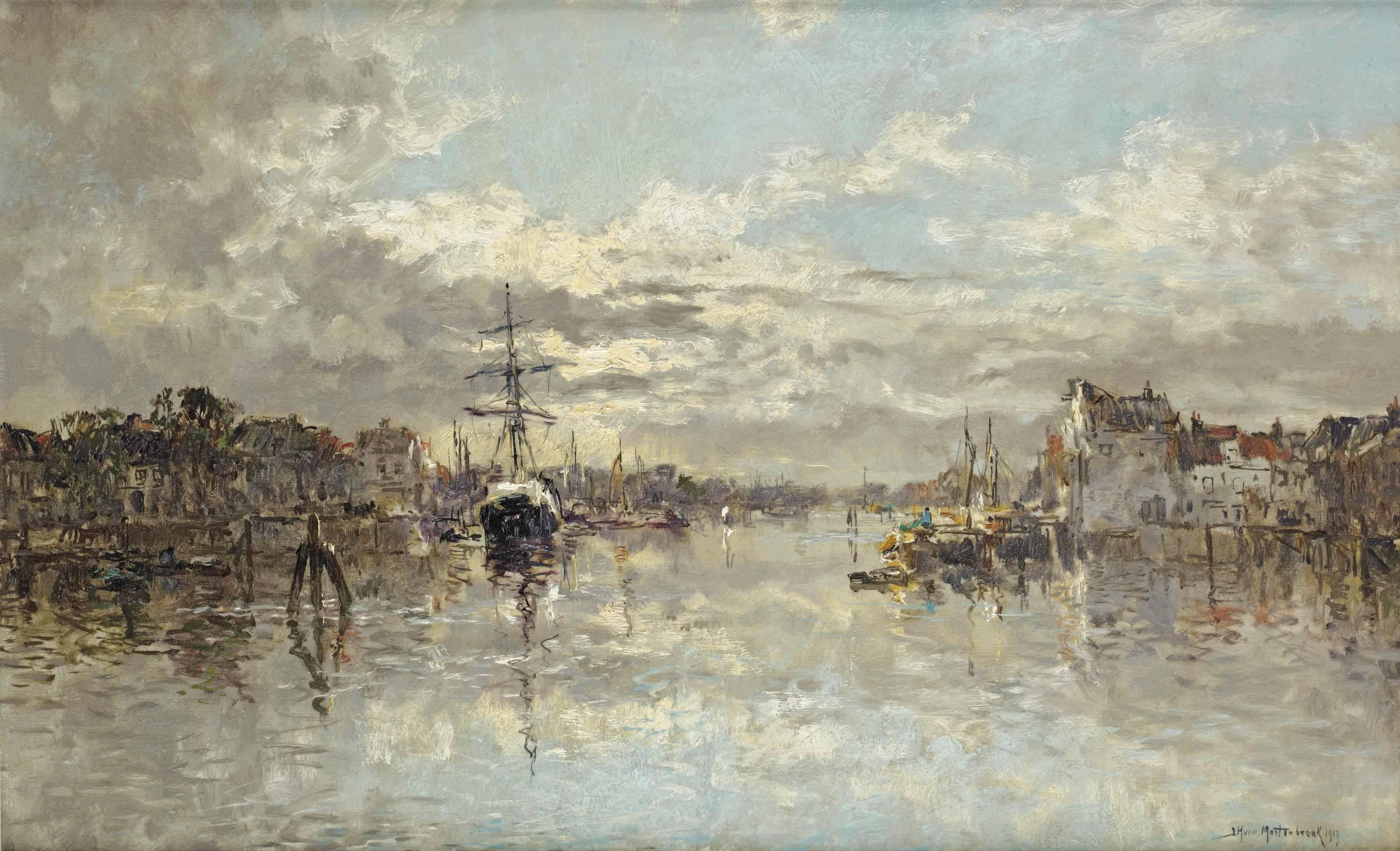 Johan Hendrik Van Mastenbroek - A Tranquil Moring In A Dutch Harbour