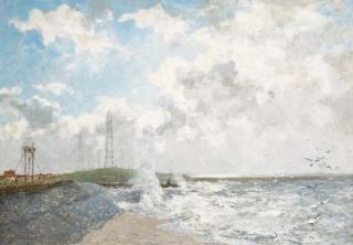 Johan Hendrik Van Mastenbroek - A view of the Semafoor (seinhuis), Scheveningen, with the masts of Radio Holland in the backround