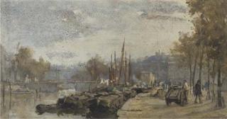 Johan Hendrik van Mastenbroek - Barges along a quay in a city