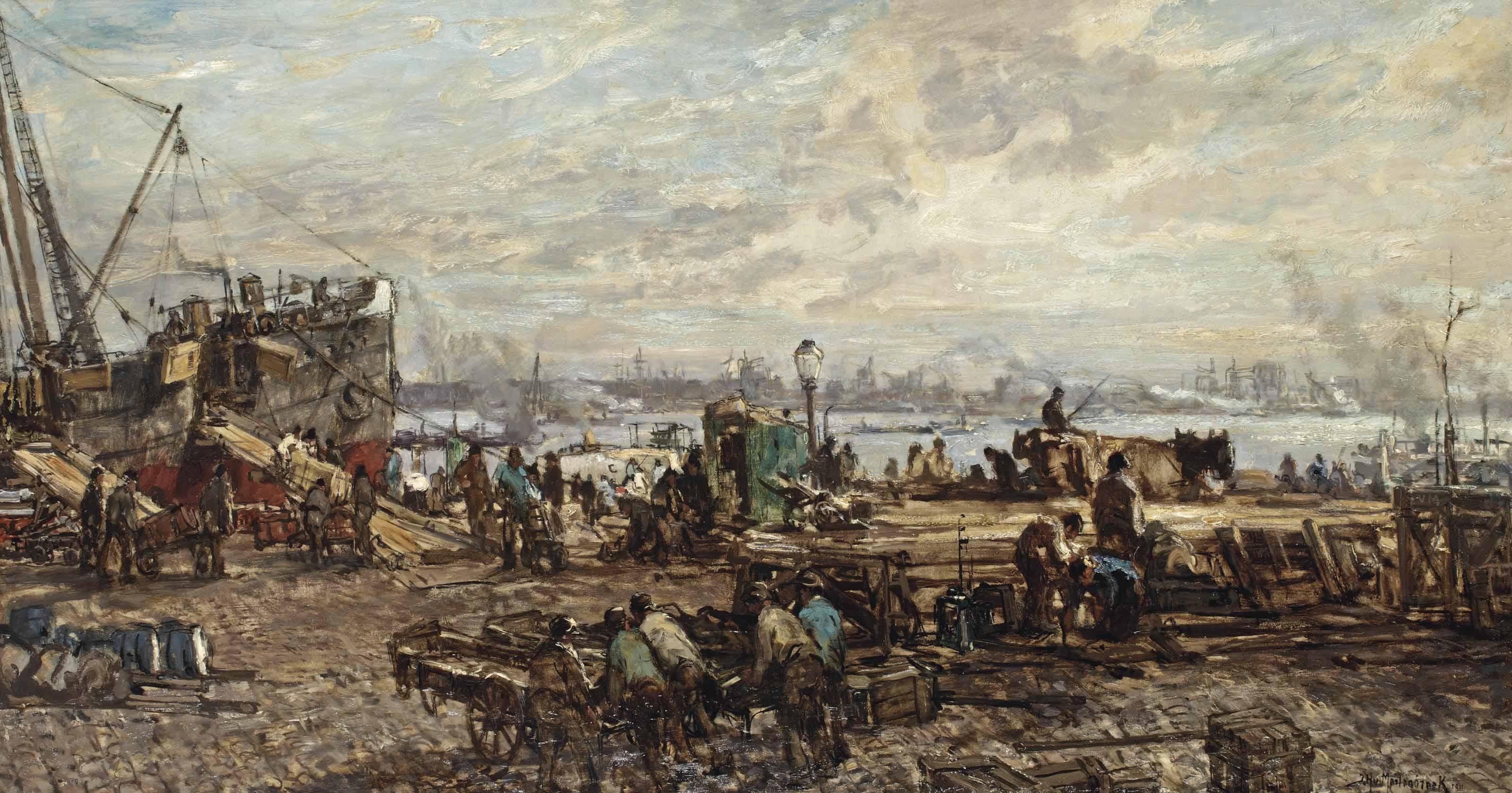Johan Hendrik Van Mastenbroek - Bij Het Lossen Der Booten: Unloading The Boats In The Harbour Of Rotterdam