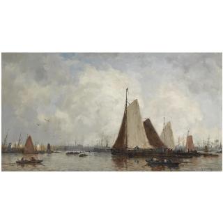 Johan Hendrik Van Mastenbroek - Dutch Bateaux Sur La Meuse Devant Rotterdam (Shipping On The Maas, Rotterdam)