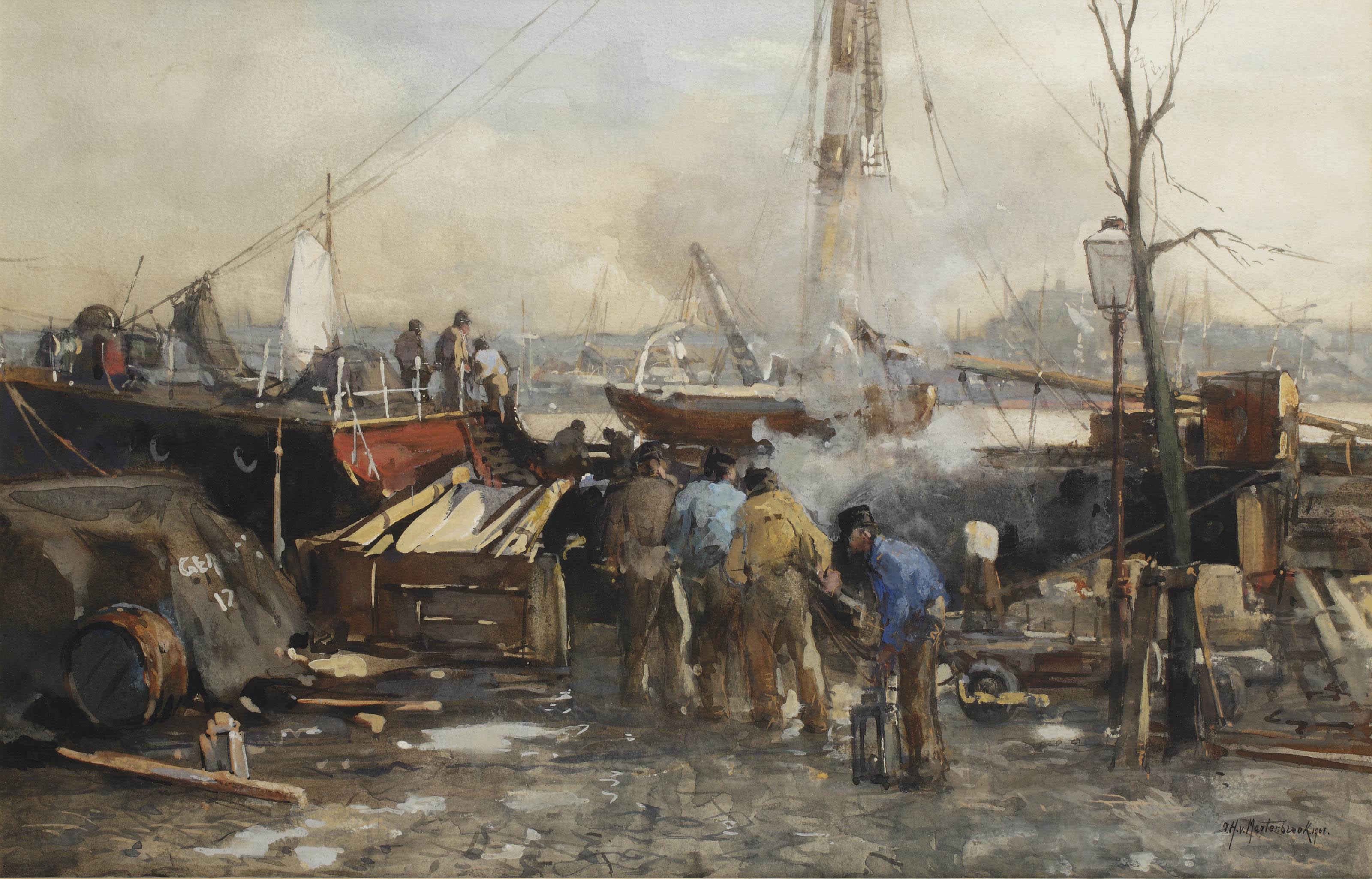 Johan Hendrik van Mastenbroek - Figures on an quay in the harbour of Rotterdam