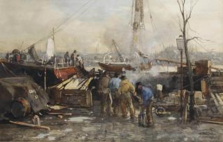 Johan Hendrik van Mastenbroek - Figures on an quay in the harbour of Rotterdam