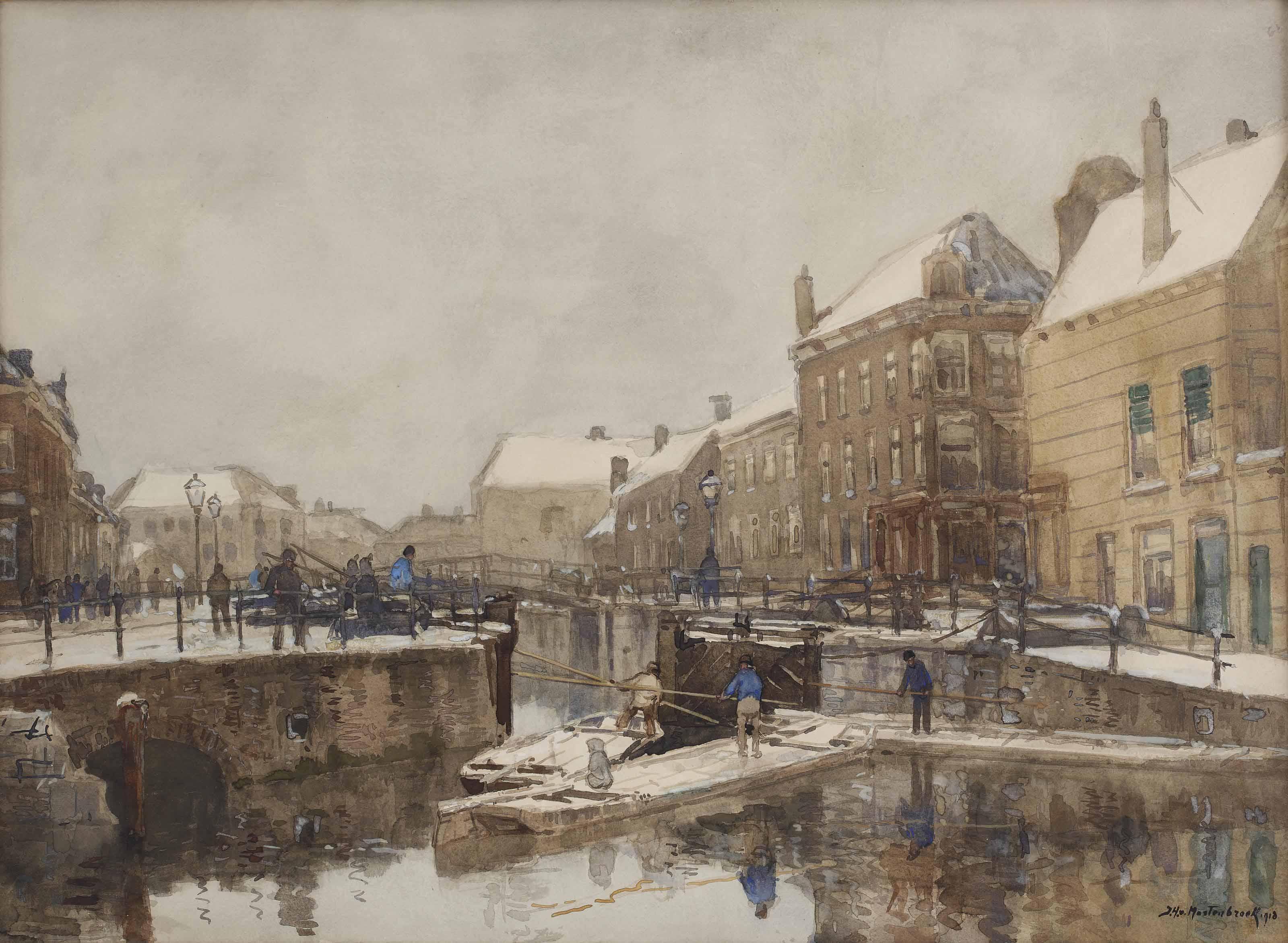 Johan Hendrik Van Mastenbroek - Punters on the canals of Schiedam