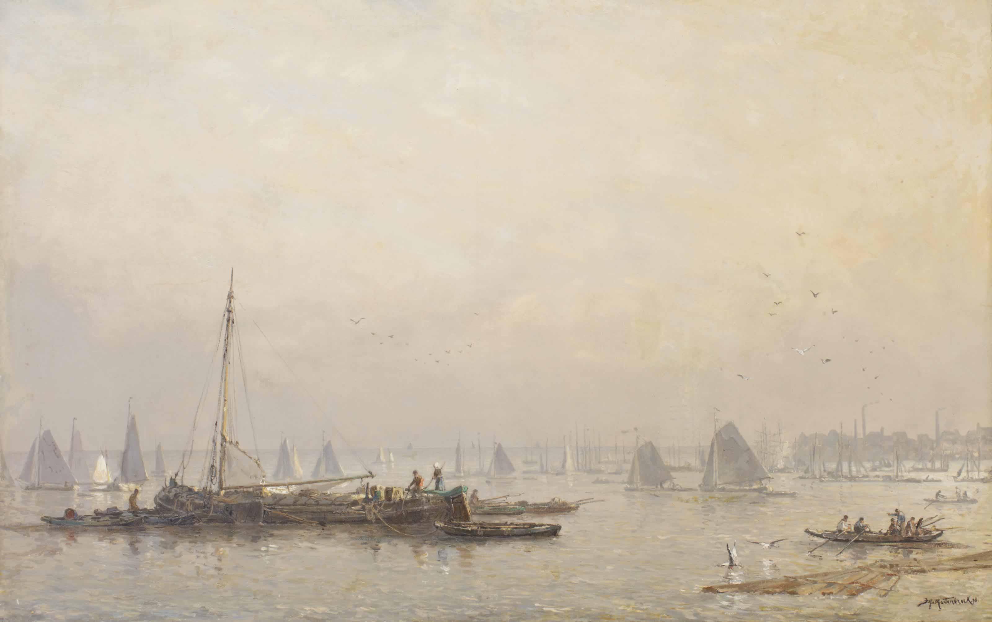 Johan Hendrik van Mastenbroek - Shipping activities on the Maas in morning haze, Rotterdam
