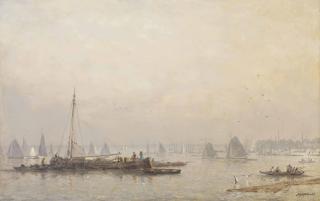 Johan Hendrik van Mastenbroek - Shipping activities on the Maas in morning haze, Rotterdam