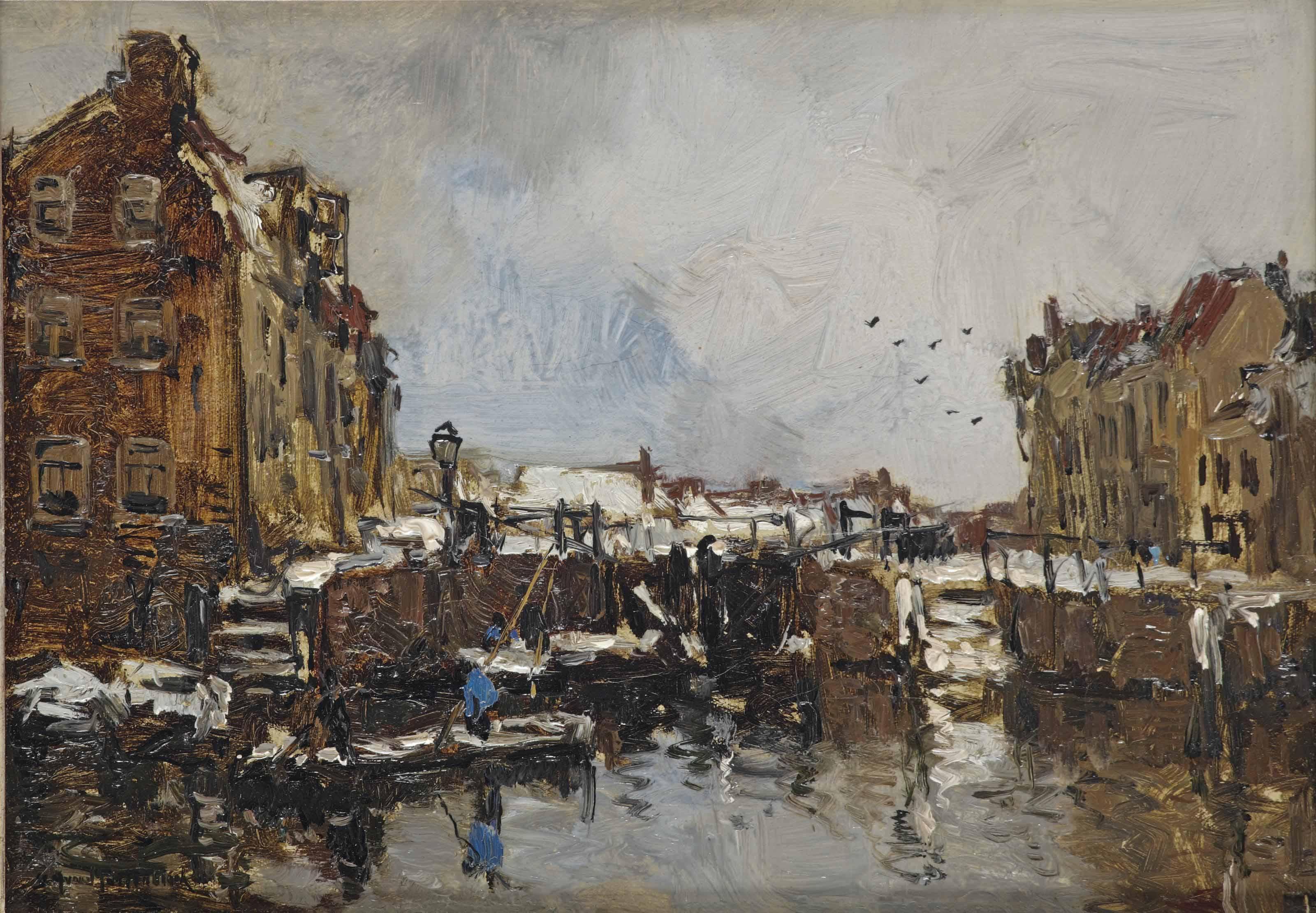 Johan Hendrik van Mastenbroek - Sluisje bij winter; a view of Schiedam in winter