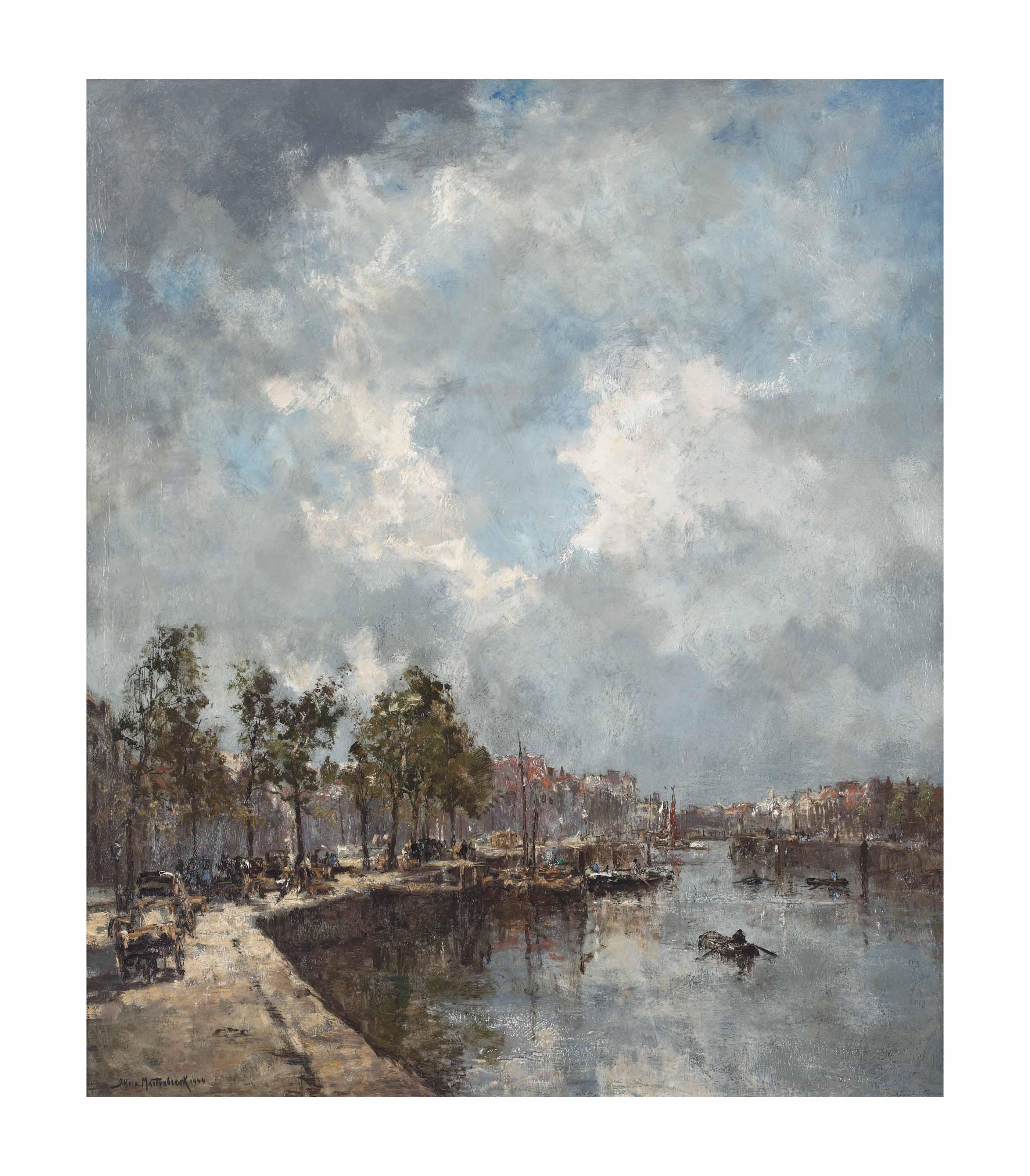 Johan Hendrik Van Mastenbroek - Stadsgezicht: a busy sunlit harbour in Rotterdam