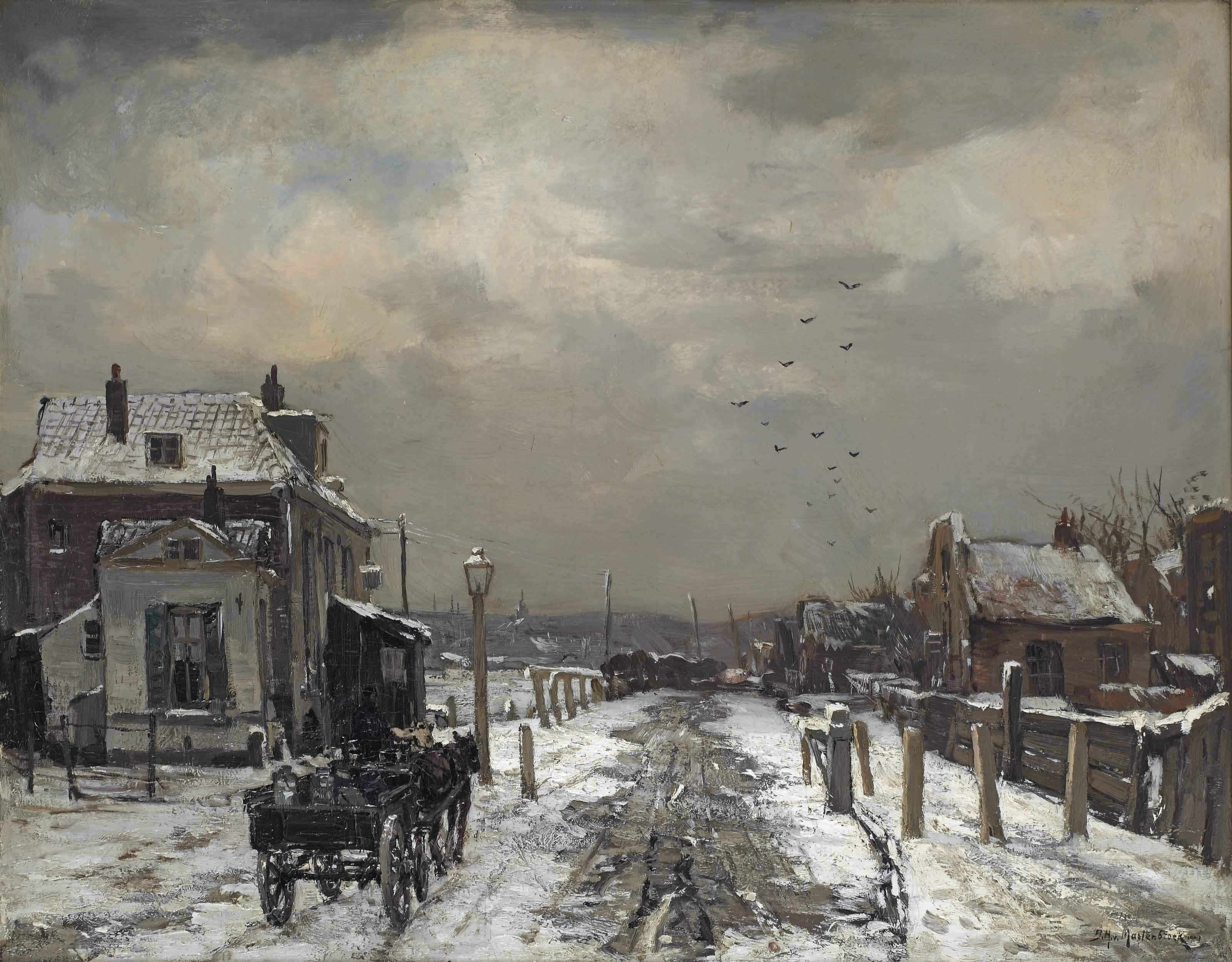 Johan Hendrik Van Mastenbroek - Winter: a horsedrawn carriage on a snowy path near a Dutch town
