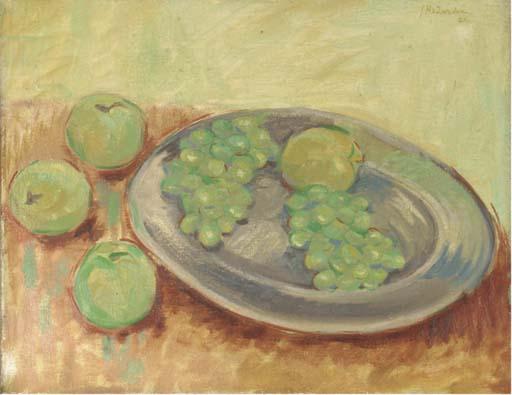 Johan Hendrik van Zweden - A still life with apples and grapes on a pewter plate