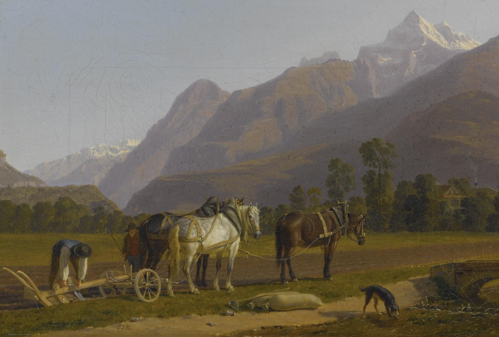 Johan Jakob Biedermann - Landscape With Ploughmen And Horses In The Canton Of Valais