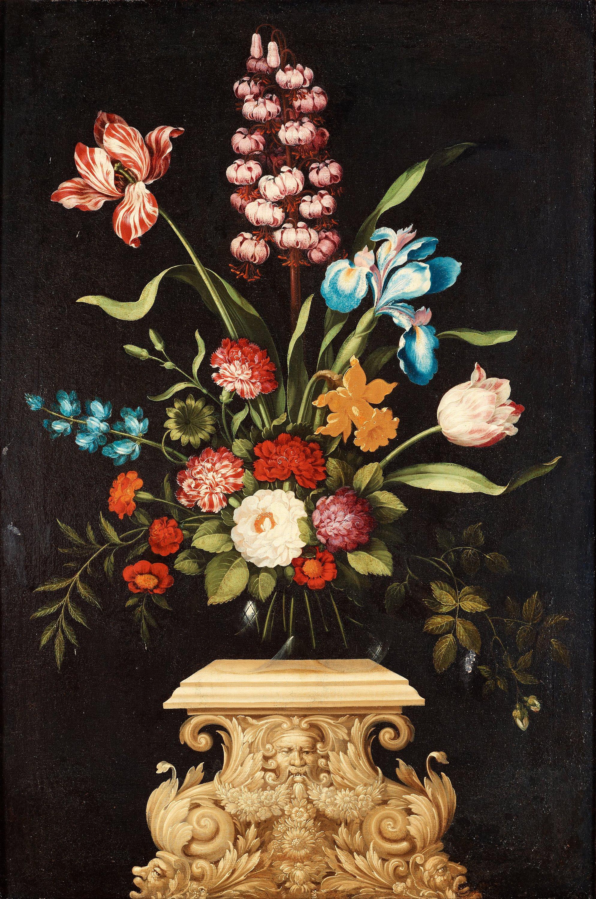 Johan Johnsen - Still life with flowers on pedestal