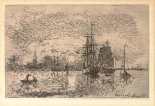 Johan Jongkind - Soleil Couchant, Port d\'Anvers (Delteil 15)