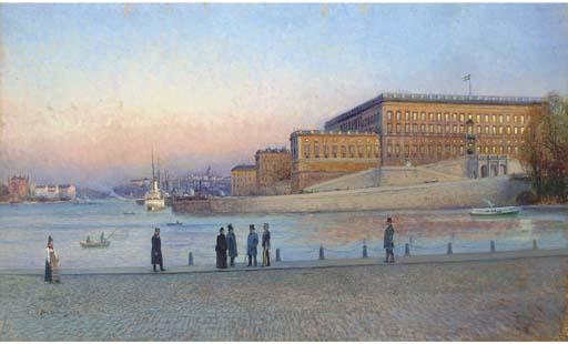 Johan Kindborg - Elegant figures on the quay before the Royal Palace, Stockholm