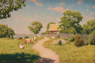 Johan Krouthén - Summer landscape with cabin, lake and cows.