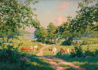 Johan Krouthén - Sunlit landscape with cows