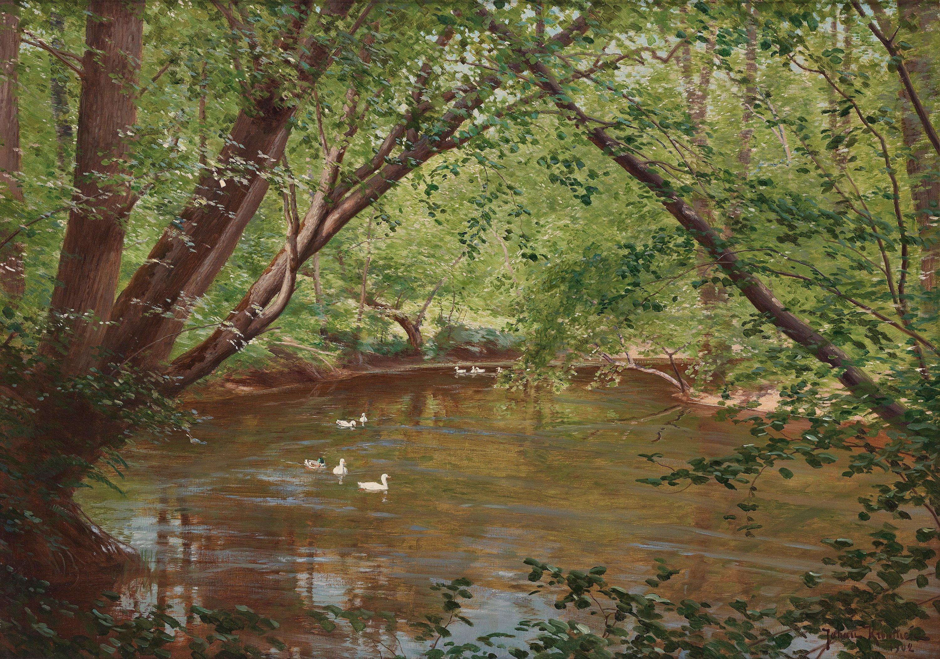 Johan Krouthén - Woodland with lake and birds.