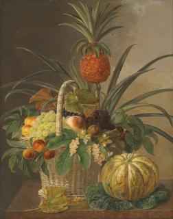 Johan-Laurents Jensen - Pineapple, grapes, peaches, nuts, and berries in a basket, on a marble ledge