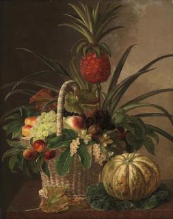 Johan-Laurents Jensen - Pineapple, grapes, peaches, nuts, and berries in a basket, on a marble ledge