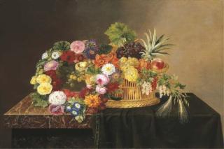 Johan Laurentz Jensen - A Wreath of Roses, Lilies and Peonies and other Flowers with a Basket of Grapes, Peaches and a Pineapple on a draped Stone Ledge