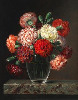 Johan Laurentz Jensen - Carnations In A Glass Vase On Marble Ledge