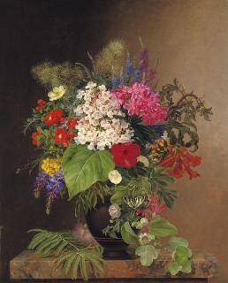 Johan Laurentz Jensen - Convulvulus, lupins, speedwell and fuschia in a vase