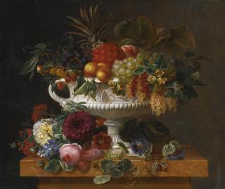 Johan Laurentz Jensen - Danish a Classical Urn With Gooseberries, Apricots, Currents, Cherries, Peaches And Pineapple Set On A Flower Covered Plinth