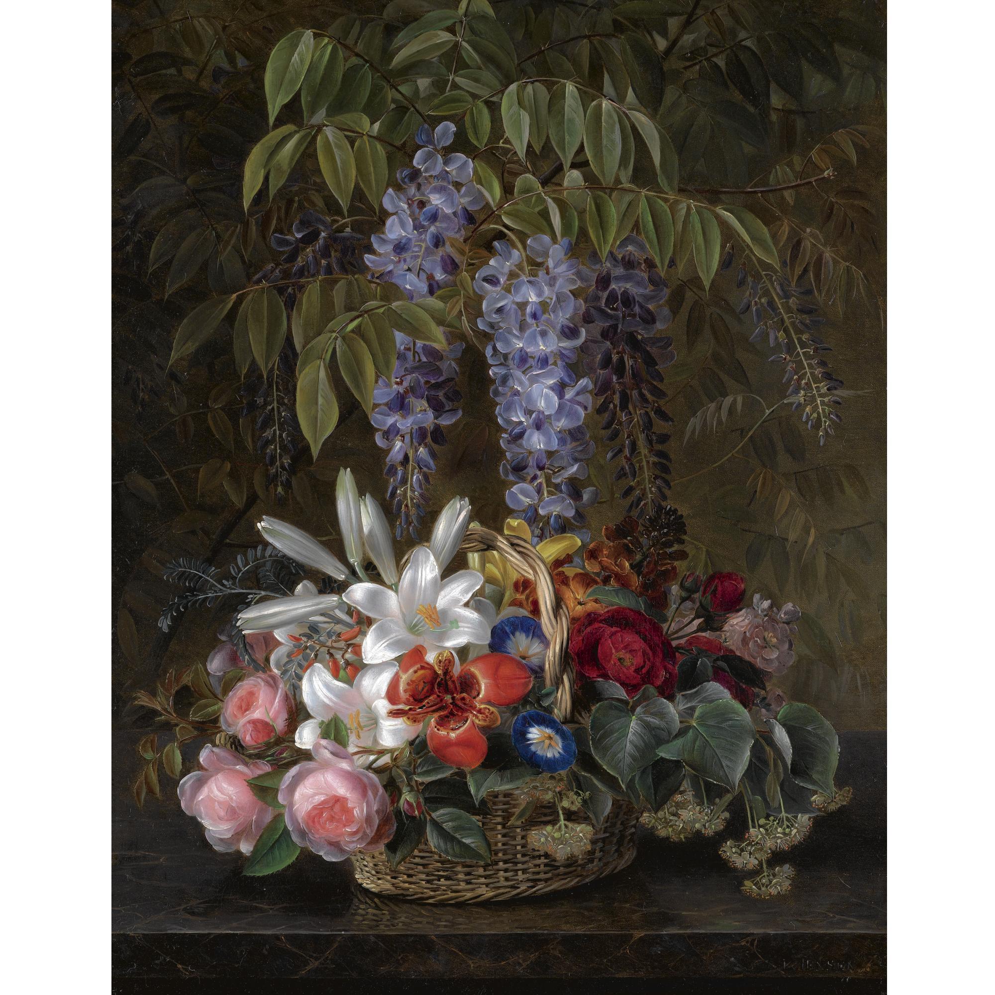Johan Laurentz Jensen - Danish blåregn Med Roser, Liljer Og Sommer Blomster I En Kurv (Wisteria With Roses, Lilies And Summer Flowers In A Basket)