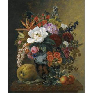 Johan Laurentz Jensen - Danish Exotic Blooms In A Grecian Krater With Fruit On A Marble Ledge