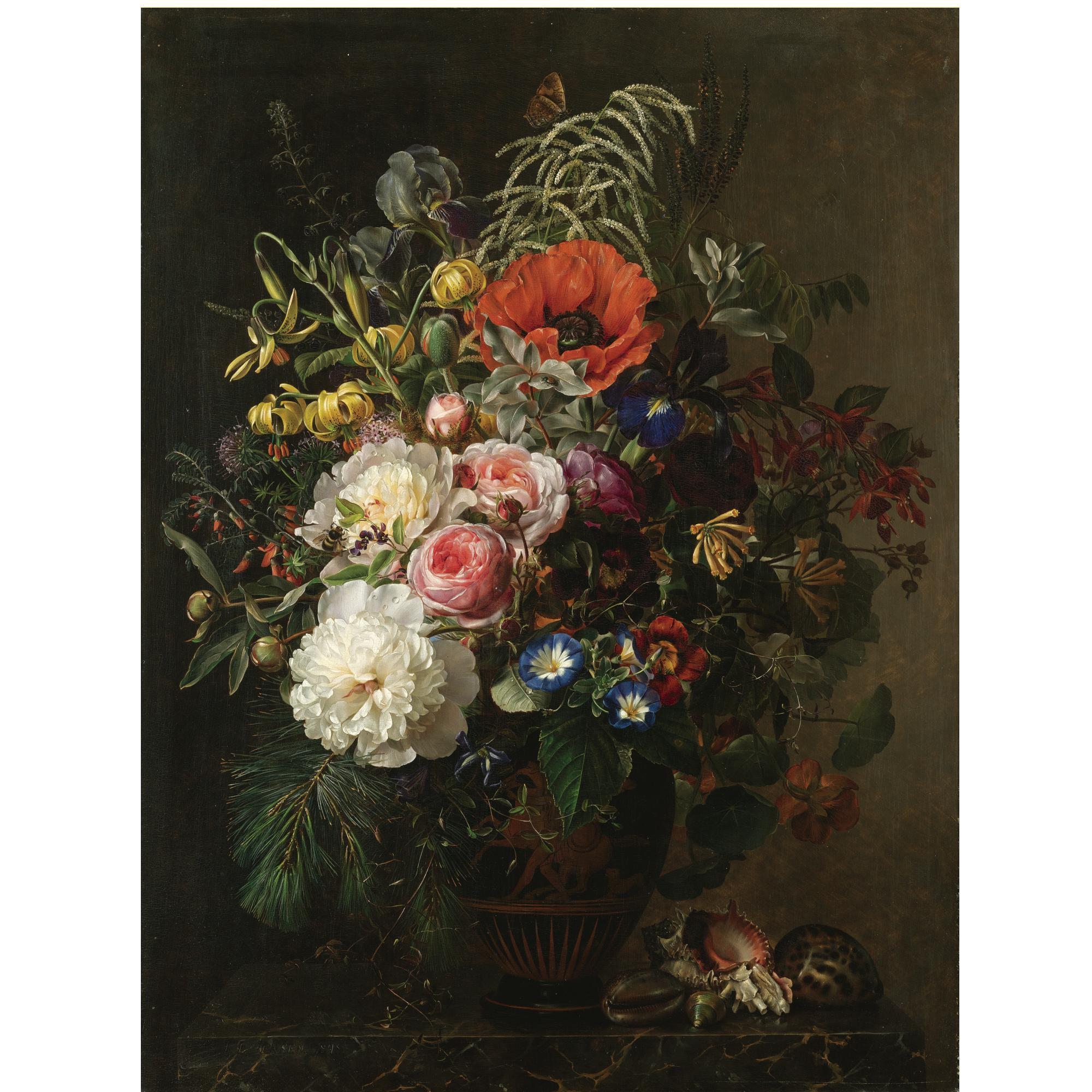 Johan Laurentz Jensen - Danish Stilleben Med Blomster I Græsk Vase (Still Life With Flowers In A Greek Vase)