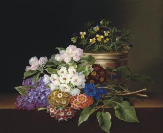 Johan Laurentz Jensen - Lilac, apple blossom, cornflowers and sweet williams with a pot of violas on a ledge
