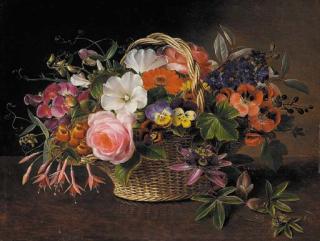 Johan Laurentz Jensen - Pansies, fuschias, convolvulus, and a rose and other flowers in a wicker basket