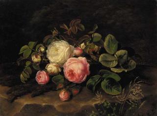 Johan Laurentz Jensen - Pink and white roses on a mossy rock