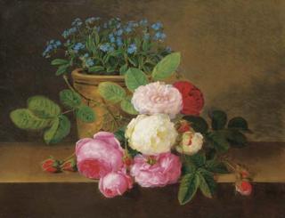 Johan Laurentz Jensen - Potted Forget-me-nots, with Red, Pink and White Roses on a Ledge