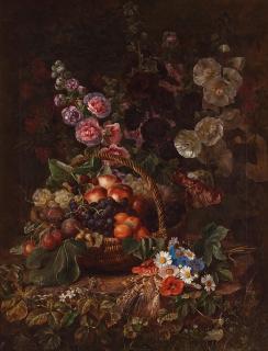 Johan Laurentz Jensen - Still life with daisies, cornflowers, hollyhocks, rowan berries, poppies and a fruit basket.