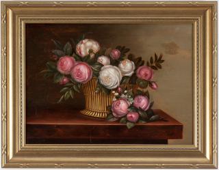 Johan Laurentz Jensen - Still life with white and pink roses in a basket