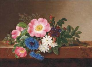 Johan Laurentz Jensen - Summer flowers on a marble ledge