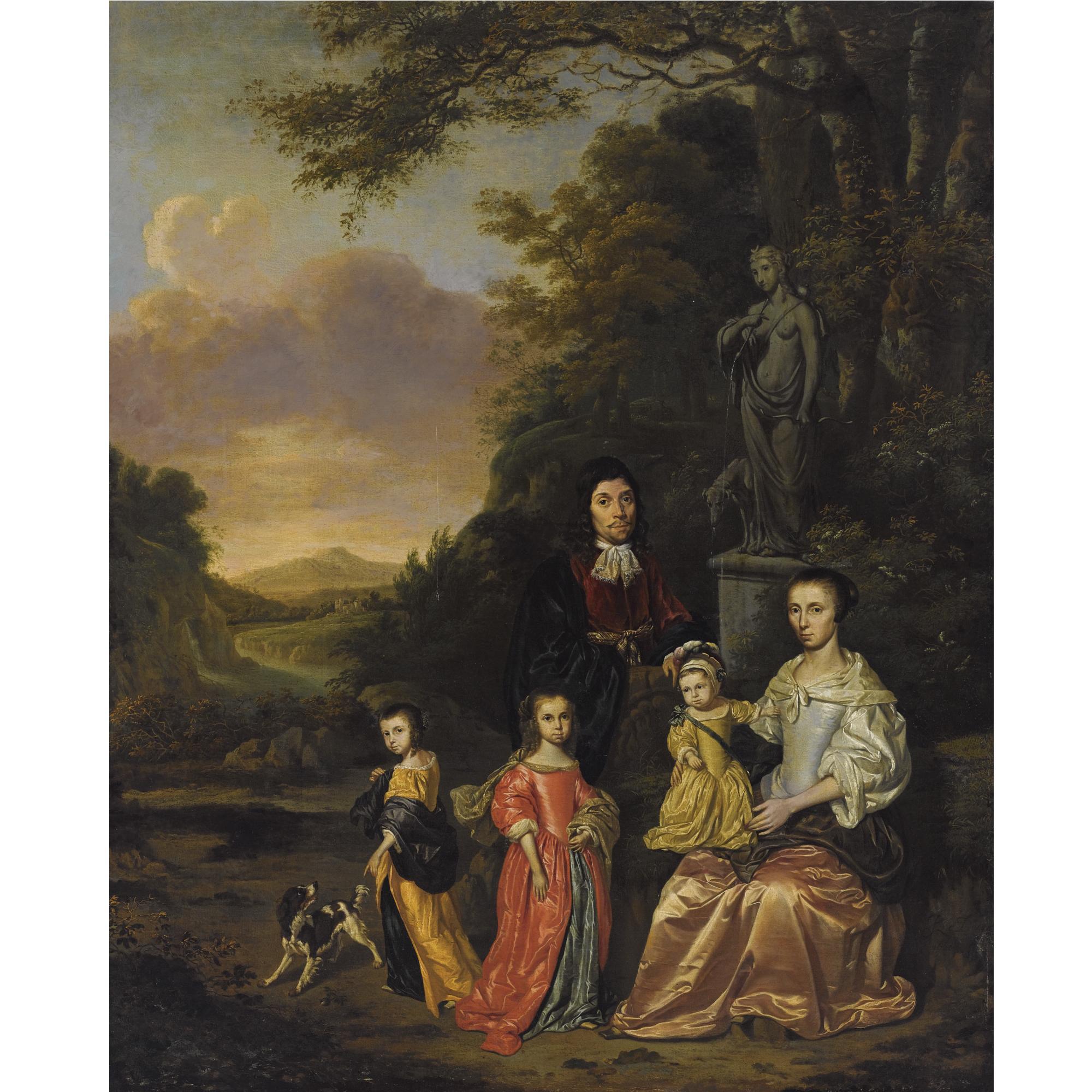 Johan Le Ducq - A Portrait Of A Gentleman And His Wife And Their Three Children, Possibly The Loth Family, Near A Statue Of Diana The Huntress, In A Classical Landscape