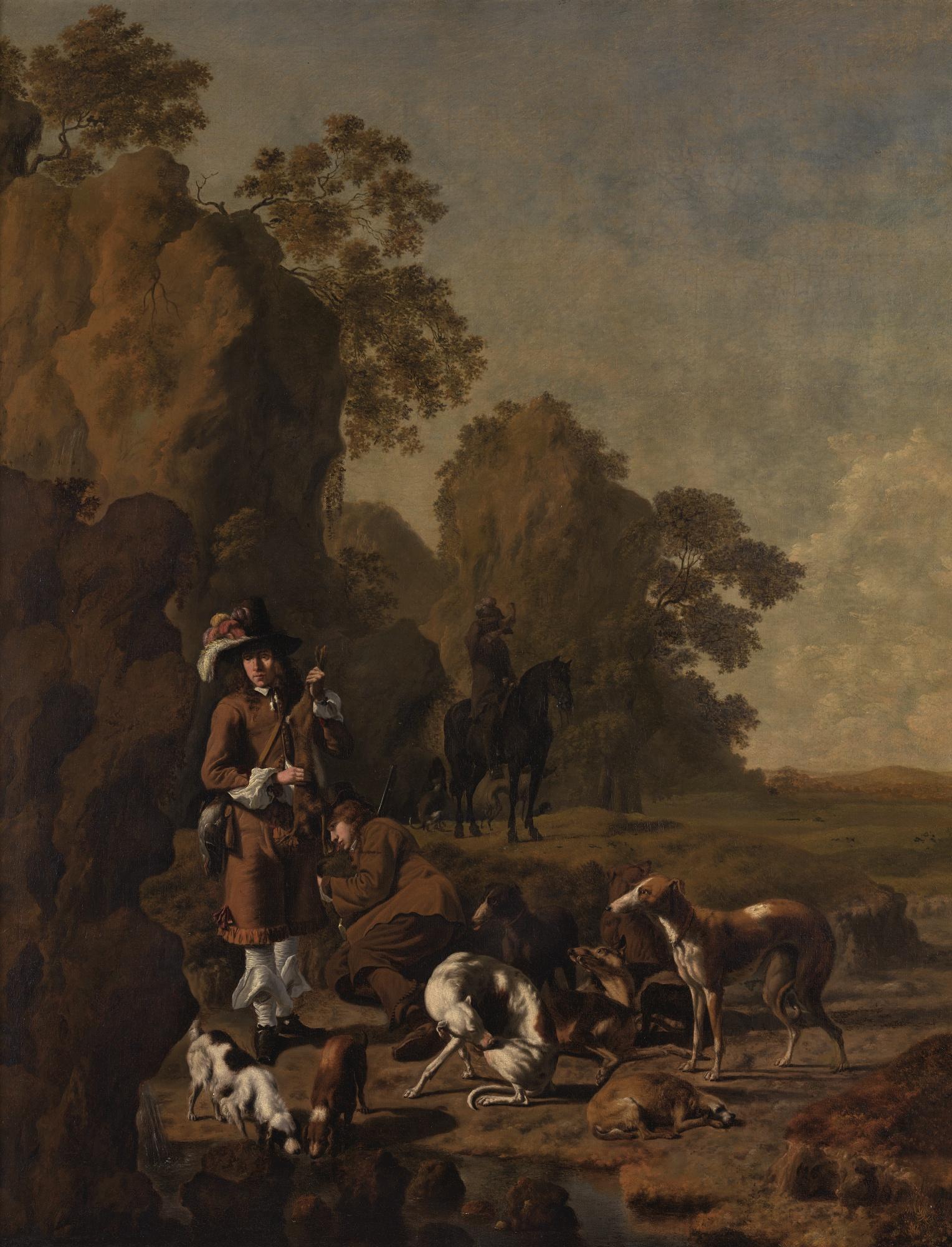 Johan Le Ducq - Sportsmen Resting With Their Hounds In A Rocky Landscape