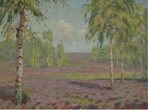 Johan Meijer - Bloeiende heide met berken, Blaricum