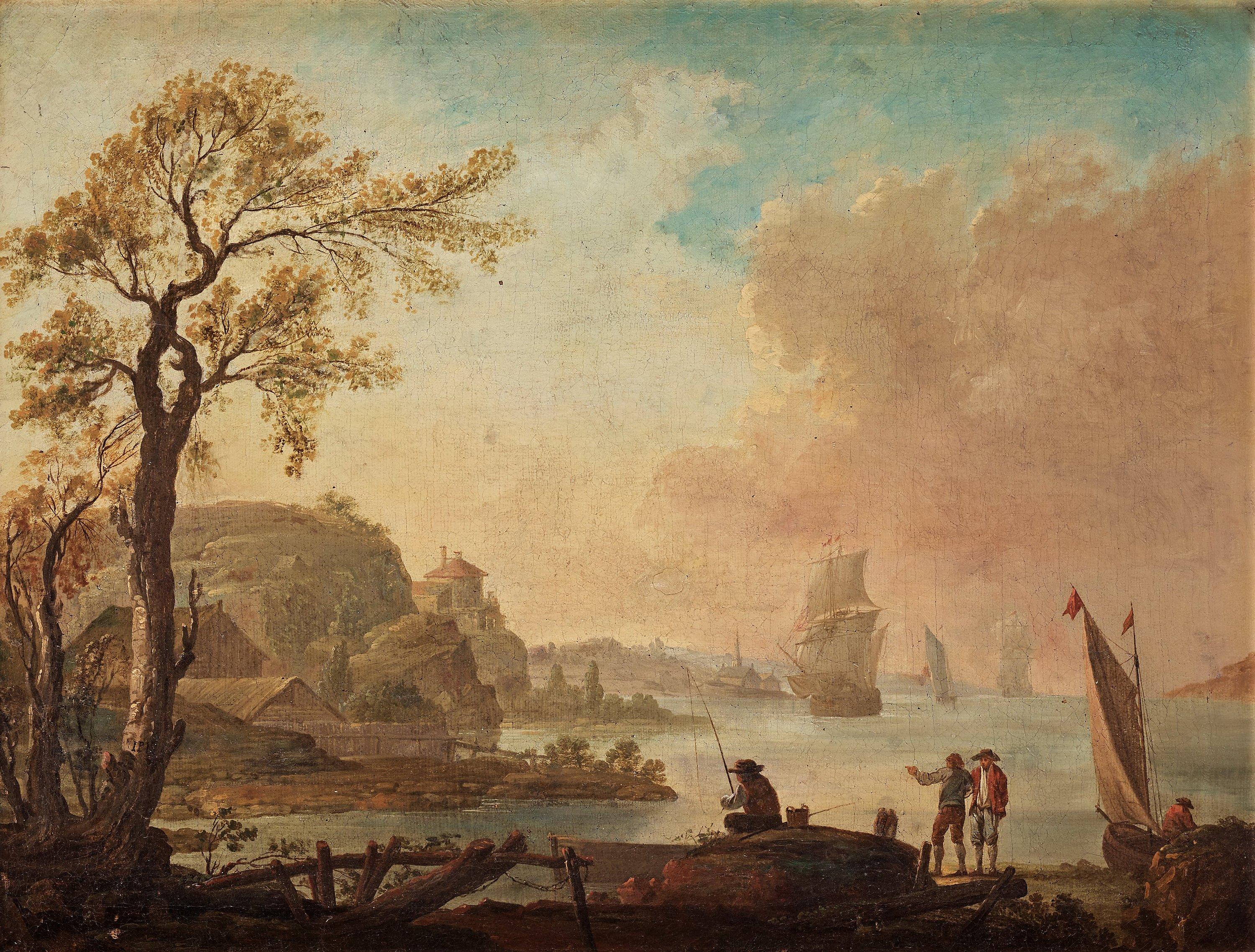 Johan Philip Korn - Landscape by the coasts with fischermen and boats