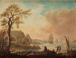Johan Philip Korn - Landscape by the coasts with fischermen and boats