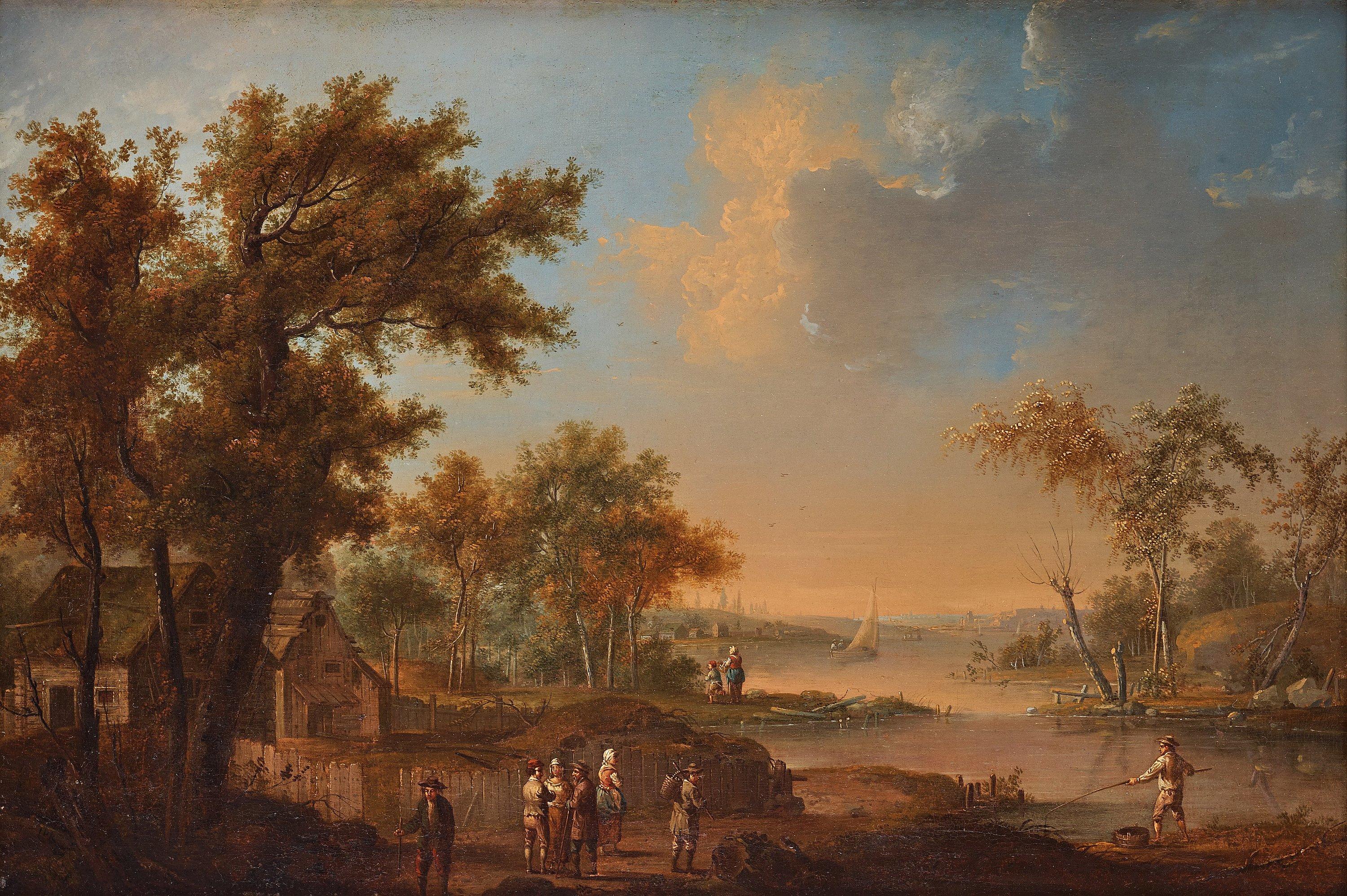 Johan Philip Korn - Landscape with figures and a town in the background